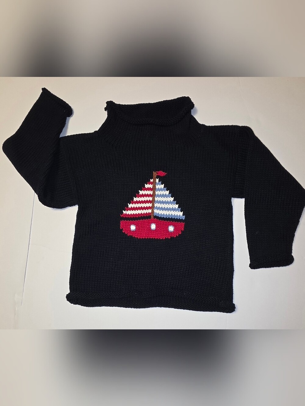 Kids Navy Knit Sweater with Red Sailboat Motif Size 2T - Picture 3 of 10